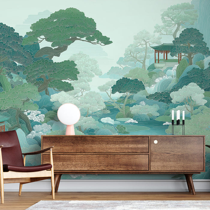 Papel de parede paisagem oriental | Montanhas verdes e pavilhão tradicional