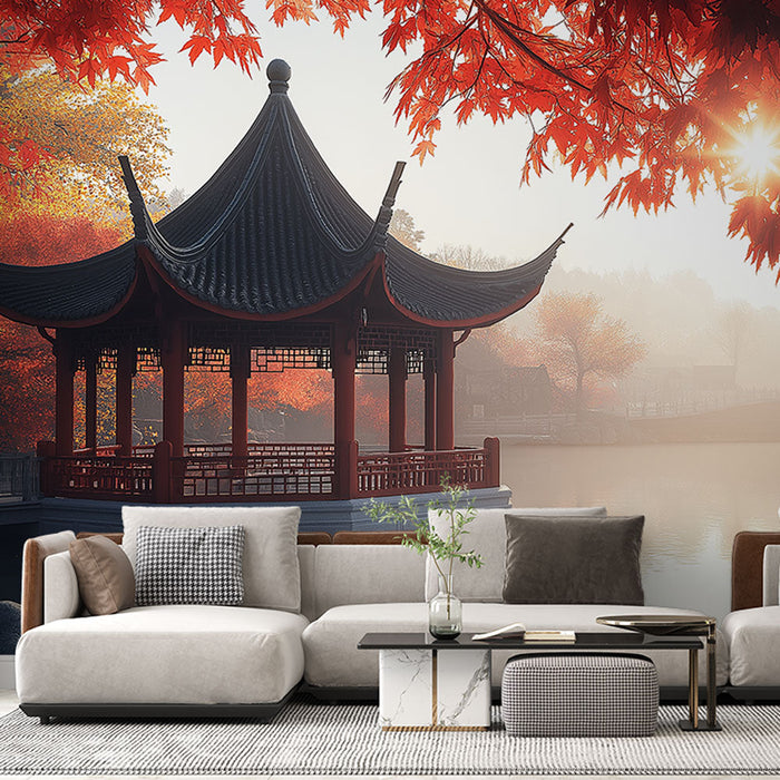 Fototapete orientalisches Landschaft | Pavillon am Wasser unter Herbstblättern