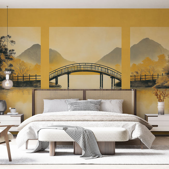 Tapeta orientální krajina | Dřevěný most přes klidné jezero obklopené barevnými stromy