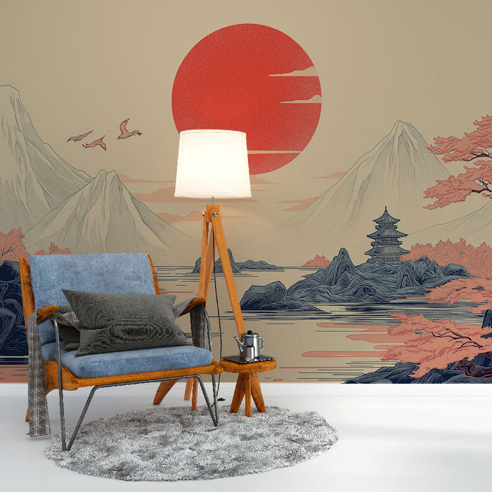 Fototapete orientalische Landschaft | Stilvoller Blick auf einen Berg und einen roten Sonnenuntergang