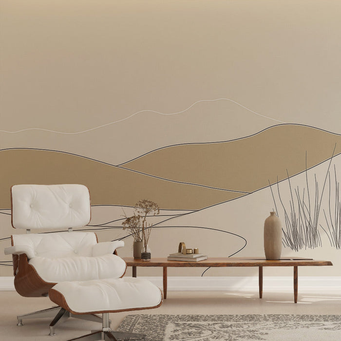 Falfestmény panoráma táj | Fű és dűnék bézs színben