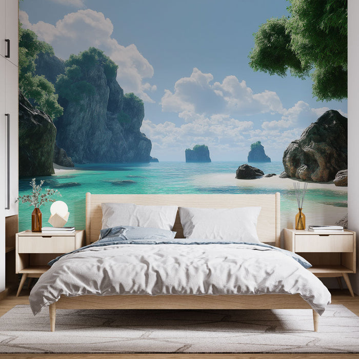 Mural Wallpaper paradise landscape | Beach, rocks, and turquoise water