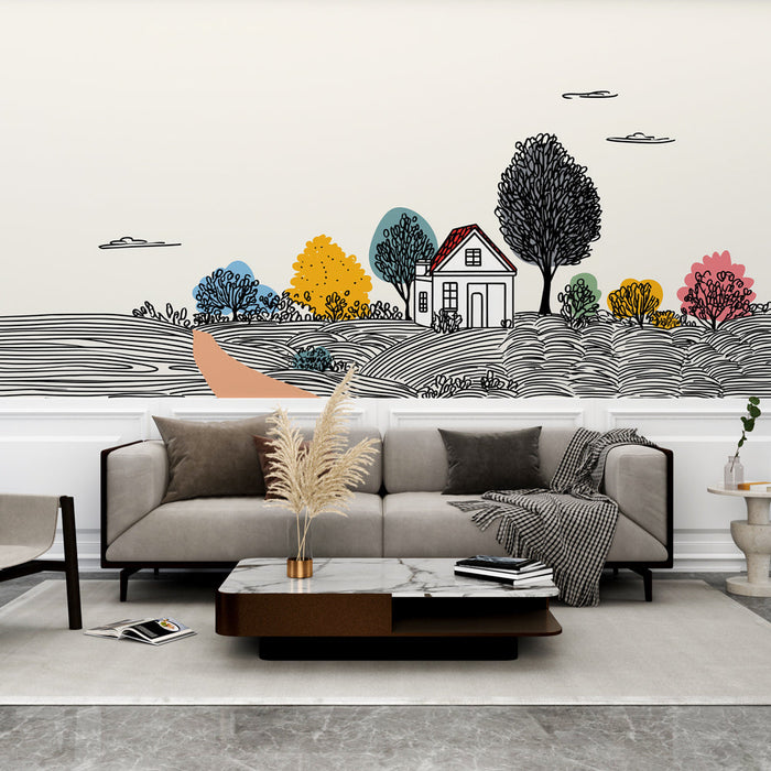 Tapeta krajobrazowa z motywem wiejskim | Stylowy dom pośrodku kolorowego krajobrazu