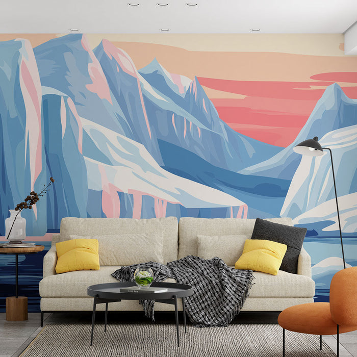 Papel de parede paisagem polar | Montanhas geladas sob um céu pastel