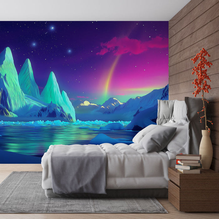 Falfestmény tapéta sarki táj | Fenséges hegyek csillagos ég alatt
