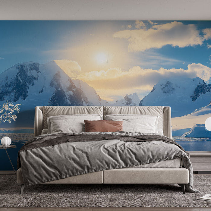 Falfestmény tapéta sarkvidéki táj | Fenséges panoráma jeges hegyekkel naplementekor