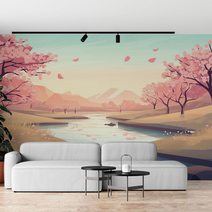 Fototapet Forårslandskab | Bæk omgivet af kirsebærblomster