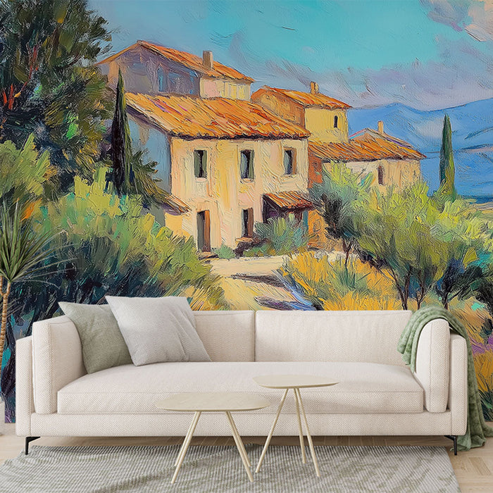 Mural Wallpaper Provençal Landscape | Sunny Houses and Green Hills