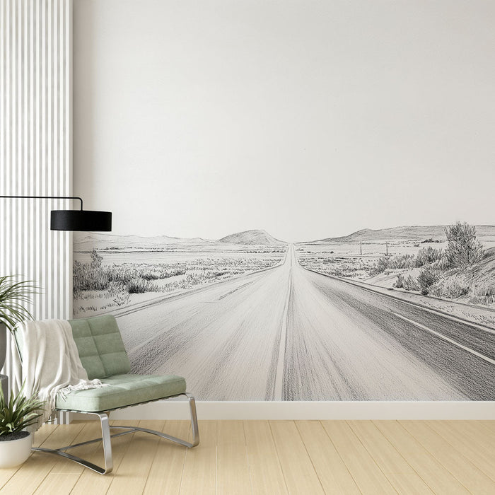 Fototapete Straßenlandschaft | Verlassene Straße und ruhige Landschaften in Schwarz-Weiß