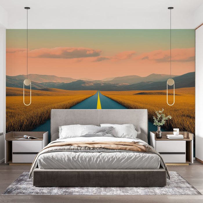 Papel pintado paisaje de carretera | Carretera desierta cruzando campos dorados bajo un cielo pastel