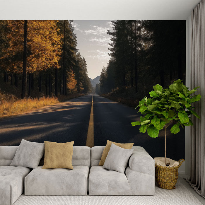 Tapeta s krajinou silnice | Silnice lemovaná zlatými podzimními stromy