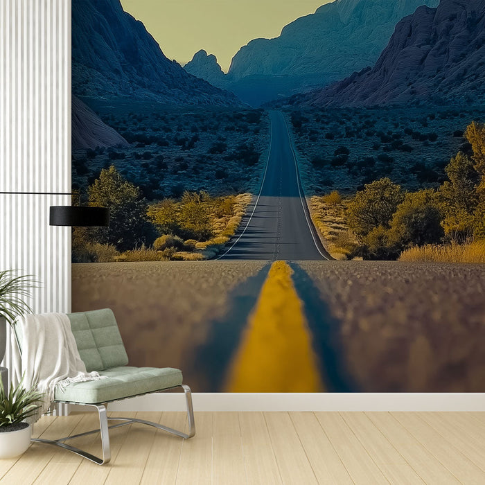 Papel pintado paisaje de carretera | Carretera sinuosa rodeada de montañas y árboles