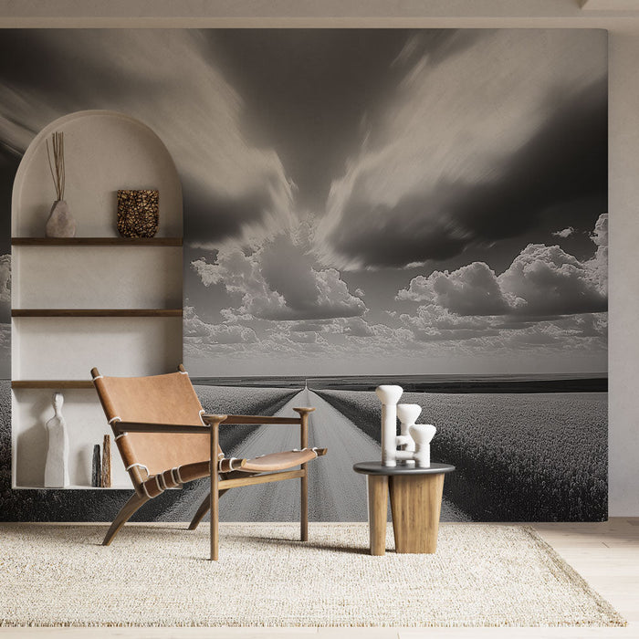 Papel pintado paisaje de carretera | Carretera tranquila bajo un cielo dramático