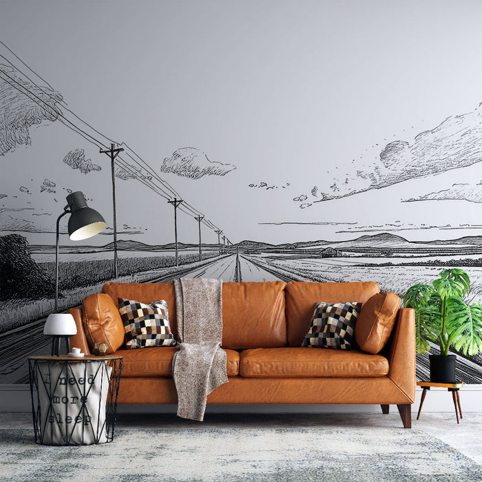 Foto Behang weglandschap | Een grafische illustratie van een sereen weg die het landschap doorkruist