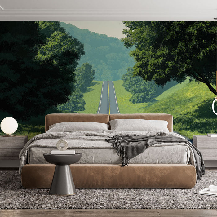 Papel pintado paisaje de carretera | Una carretera sinuosa bordeada de árboles y vegetación