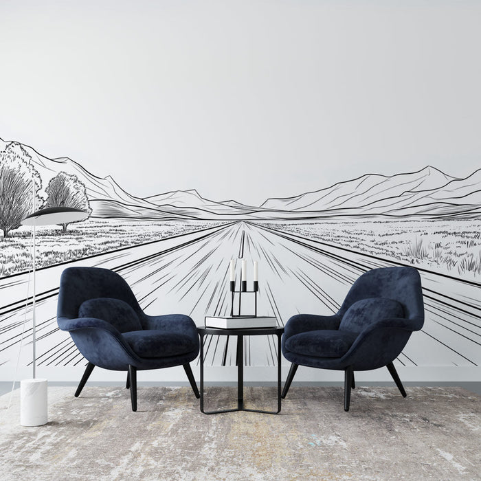 Fototapete Straßenlandschaft | Ein linearer Blick auf eine Straße durch die Berge und das Grün.