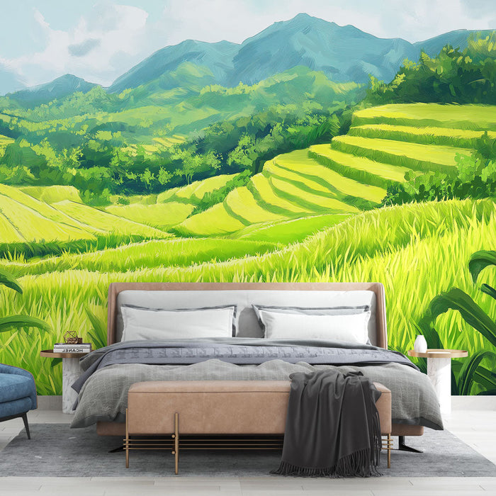 Falfestmény tapéta vidéki táj | Buján zöld rizsföldek és zöld hegyek