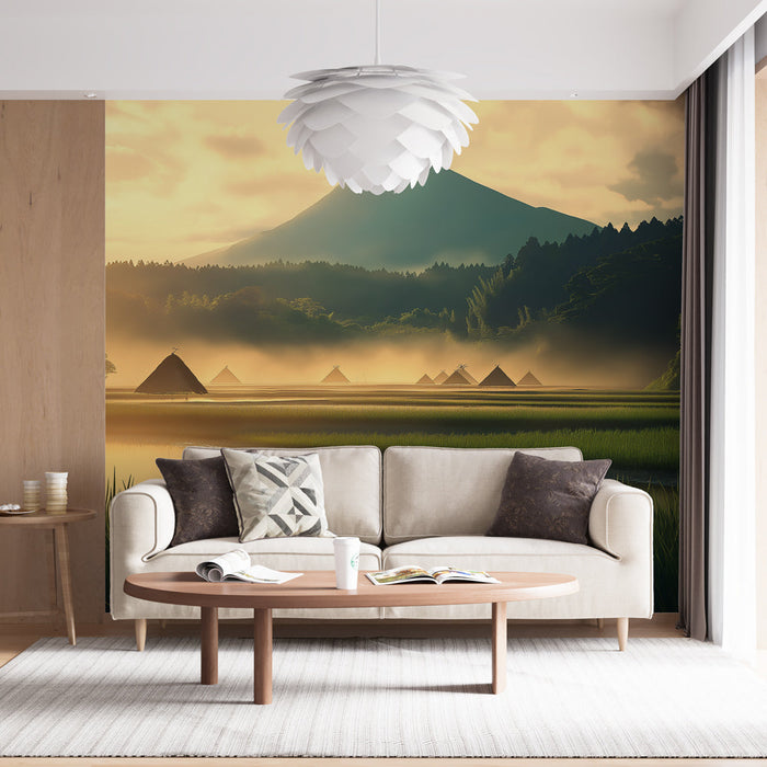 Falfestmény vidéki táj | Naplemente rizsföldek és fenséges hegyek felett