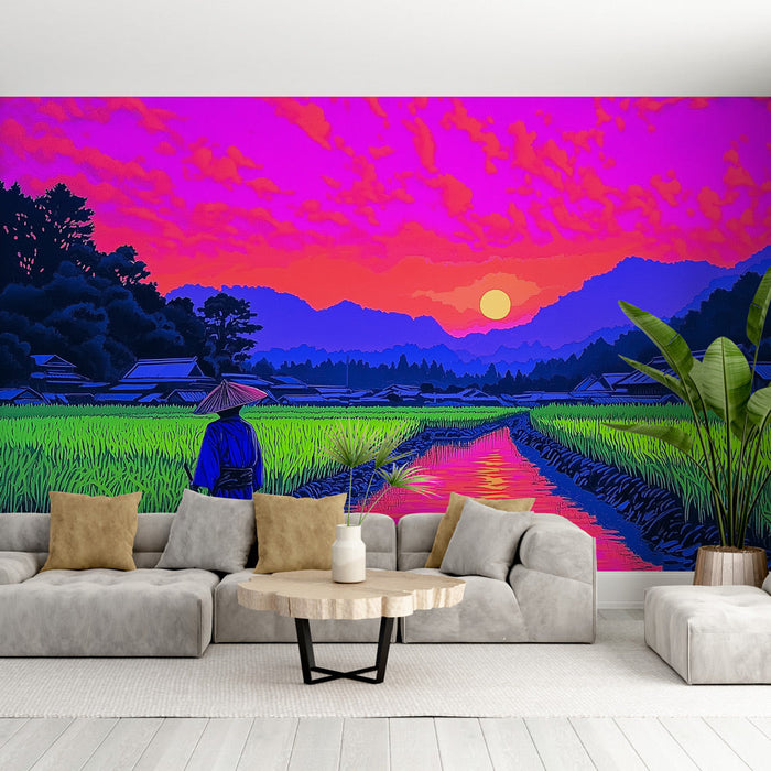 Falfestmény vidéki táj | Élénk naplemente buja rizsföldek felett
