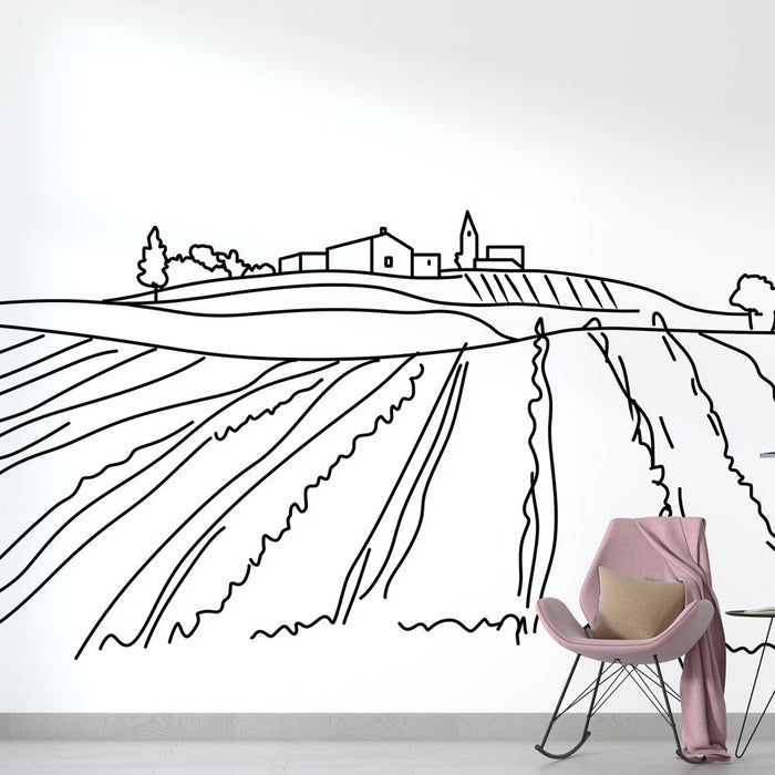 Mural Wallpaper rural landscape | Elegant linear drawing of hills and houses