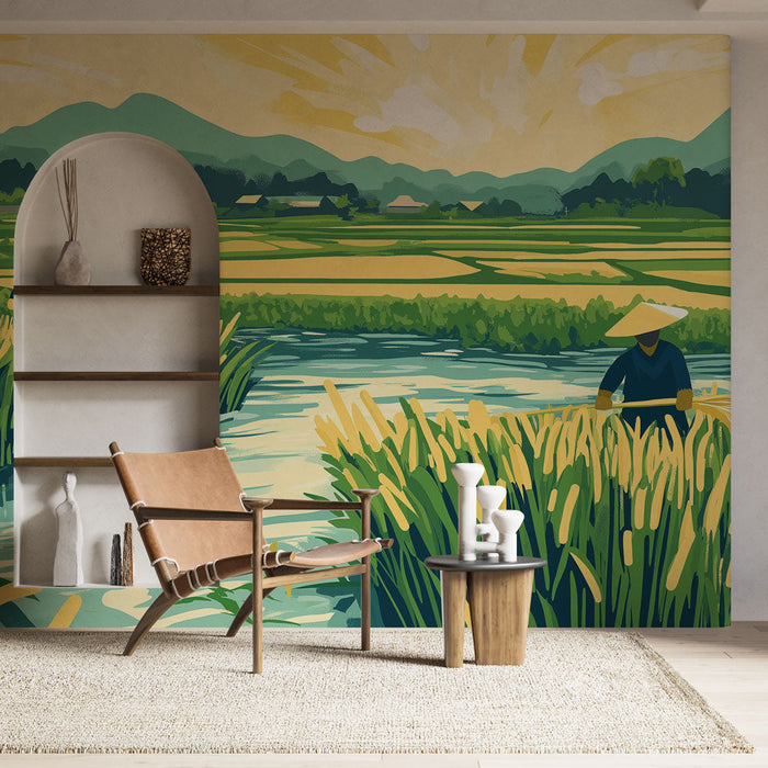 Papel pintado paisaje rural | Paisaje de campos de arroz al amanecer
