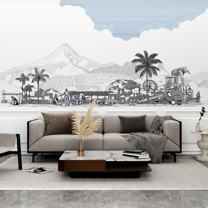 Fototapet kırsal manzara | Dağların arka planda olduğu tarımsal yaşamın canlandırılmış sahnesi