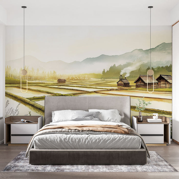 Falikép vidéki táj | Békés jelenet rizsföldekkel és faházakkal