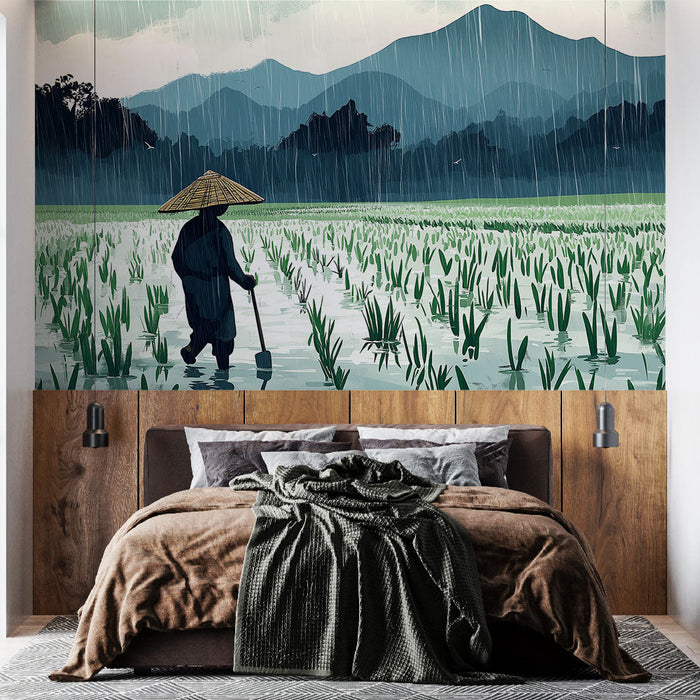 Фототапет селски пейзаж | Работник в оризово поле под дъжда