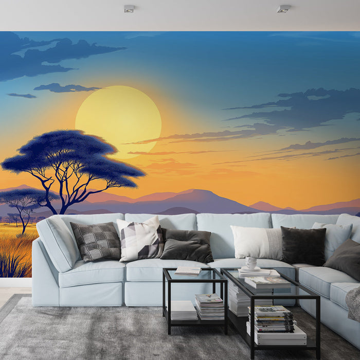 Papel de parede mural paisagem savana | Pôr do sol e silhueta de árvores