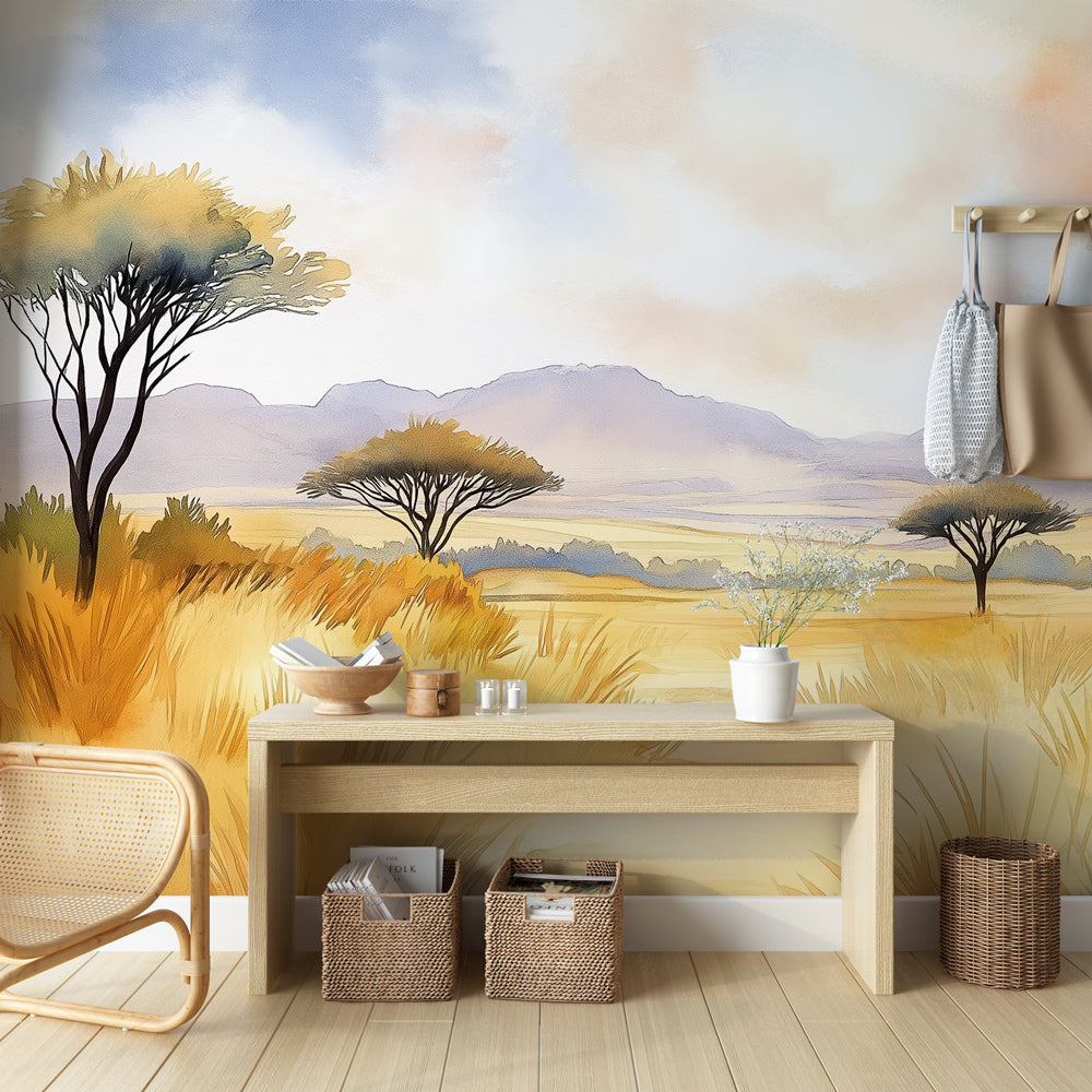 Foto Behang savanne landschap | Zachtheid van een gouden uitgestrekthe —  WonderMural, image size:1000x1000