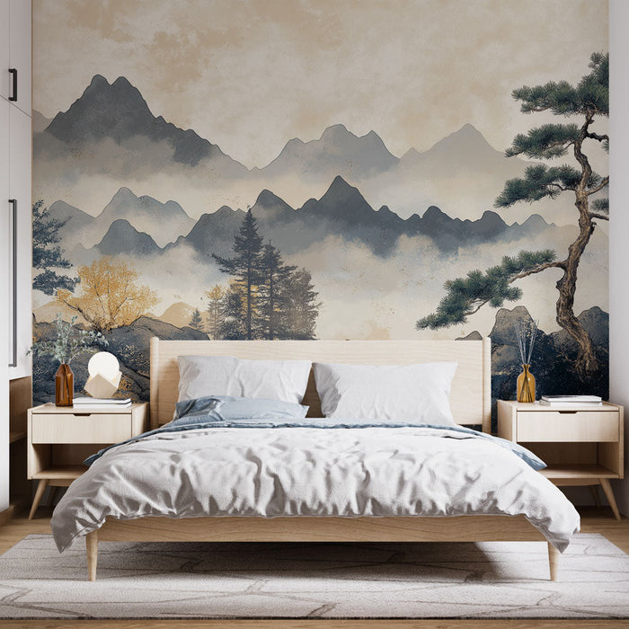 Tapete ηρεμίας τοπίο | Ομίχλη στα βουνά και ειρηνικά δέντρα