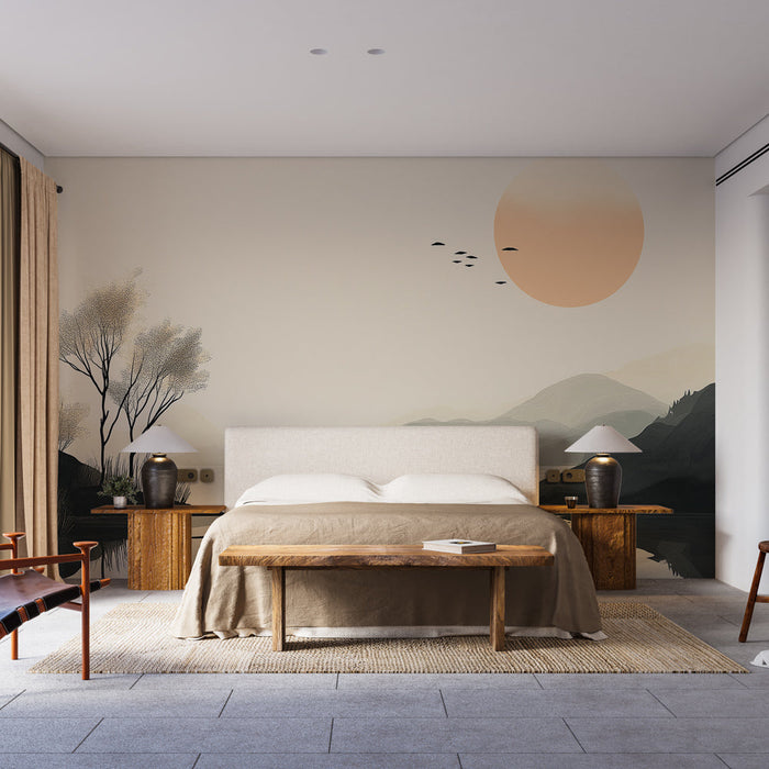 Papel pintado paisaje sereno | Silueta de montañas y árboles junto al agua