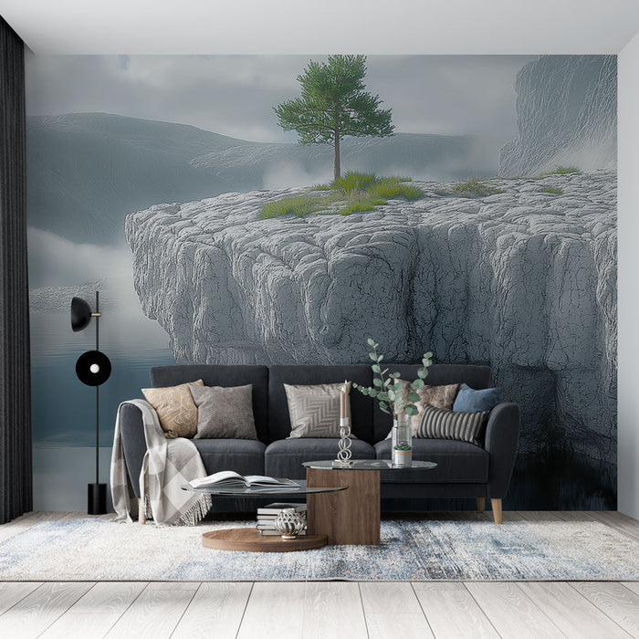 Foto Behang sereen landschap | Een eenzame boom op een rotsachtige klif