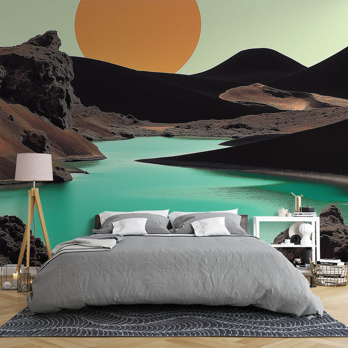 Carta da parati paesaggio surreale | Fiume turchese e sole arancione