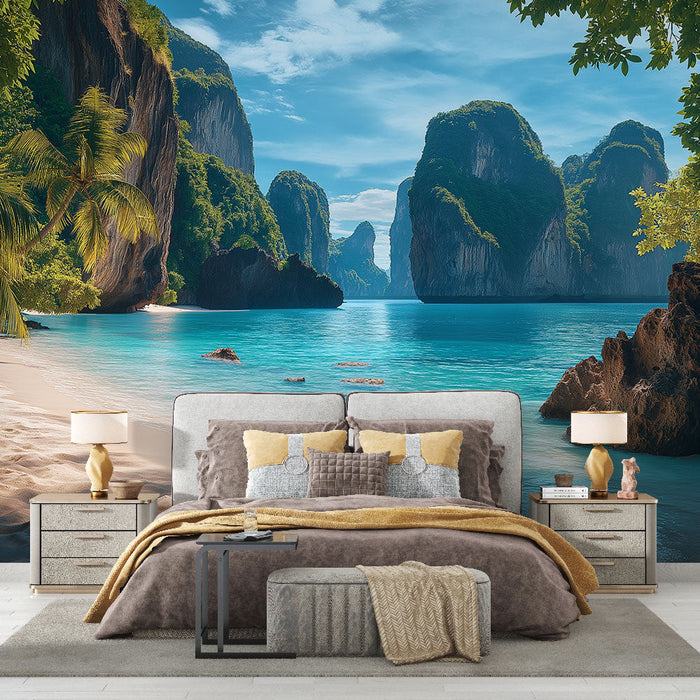 Ταπετσαρία τοπίου Ταϊλάνδη | Παραδεισένια παραλία με καταπράσινους γκρεμούς και τιρκουάζ θάλασσα