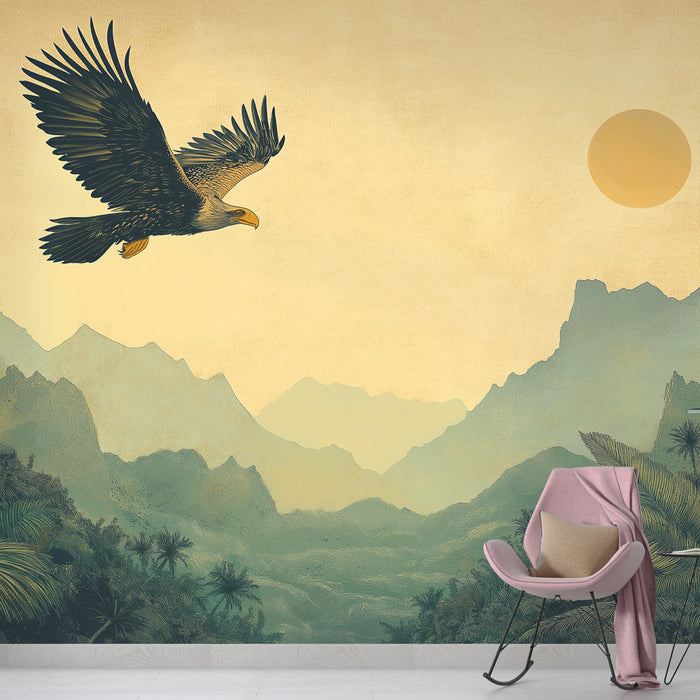 Falfestmény tapéta trópusi táj | Fenséges sas repül a hegyek felett naplementekor
