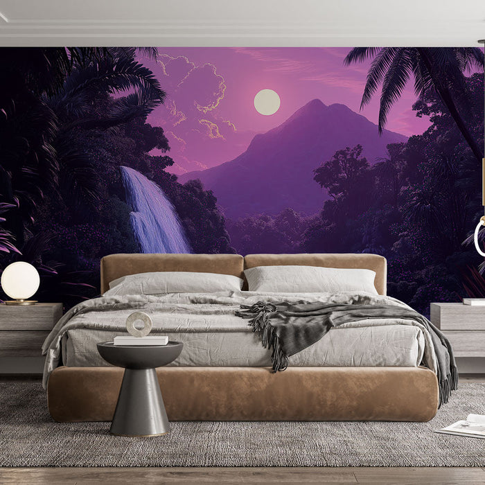 Tapeta s tropickým krajinným motivem | Vodopád a hory při západu slunce