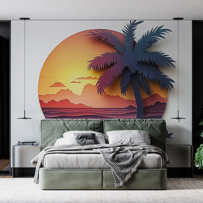 Falfestmény trópusi tájkép | Faldekoráció papírvágással pálmafával és naplementével