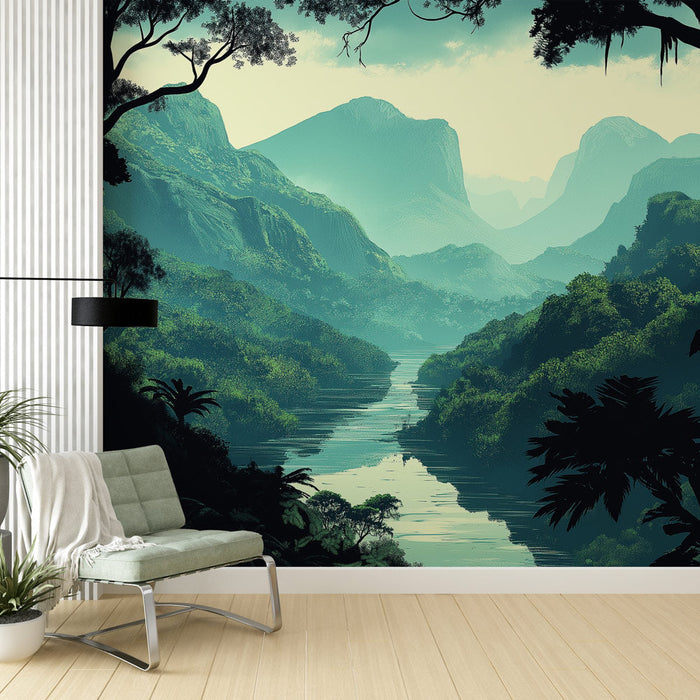 Papel de parede paisagem tropical | Floresta densa e rio tranquilo