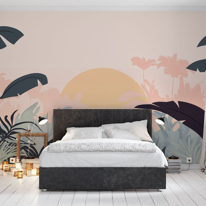 Falfestmény tapéta trópusi táj | Naplemente ragyogása a buja lombozaton