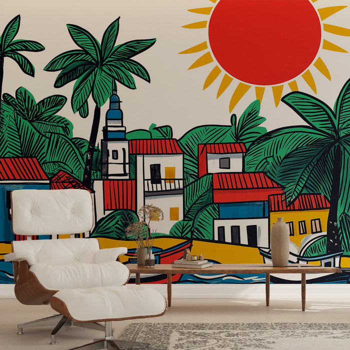 Tapete tropische Landschaft | Bunte Häuser am Meer unter der Sonne