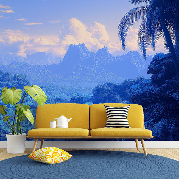 Tapeta tropski krajolik | Planine i lišće u umirujućim plavim tonovima
