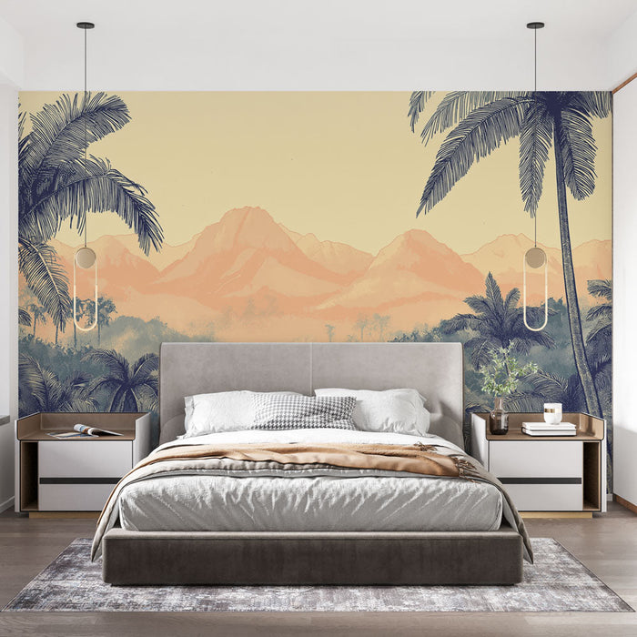 Fototapet tropisk landskab | Bjerge og palmetræer i pastelfarver