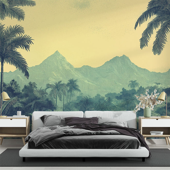 Papel de parede paisagem tropical | Montanhas estilizadas e Palmeiras