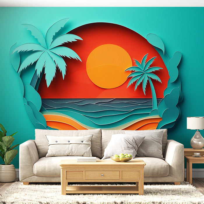 Falfestmény trópusi táj | Színes strandminta pálmafákkal és naplementével