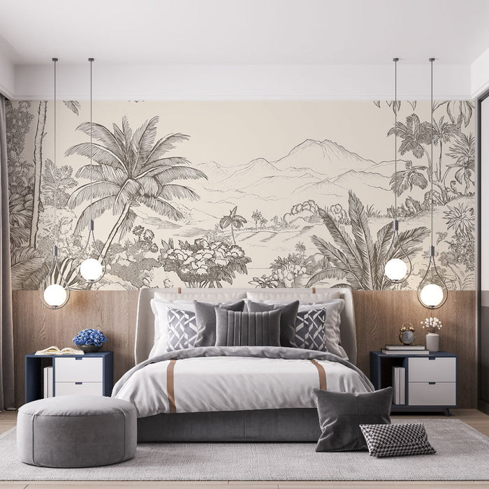 Fototapet tropisk landskab | Palmetræ og bjergmønster i baggrunden