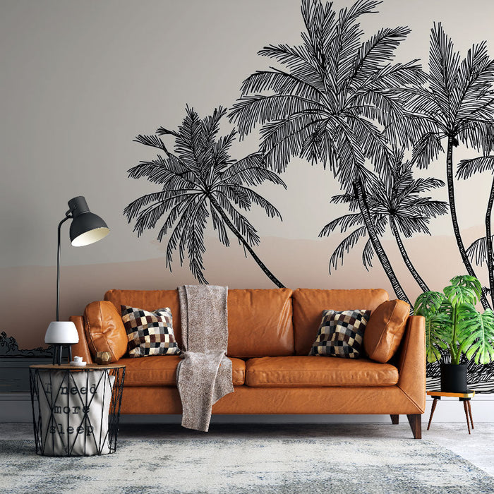 Mural Wallpaper tropical landscape | Stylized palm trees by the water at sunset