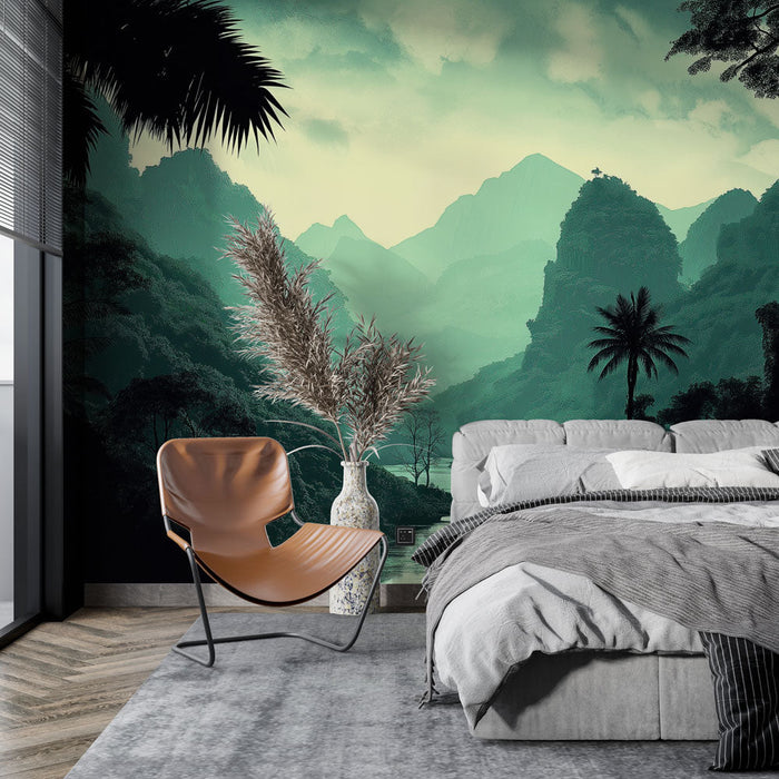 Tapet peisaj tropical | Panorama de munți eterici și râuri șerpuitoare