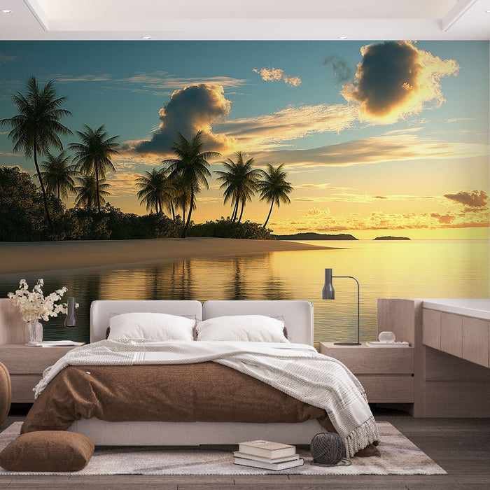 Ταπετσαρία τοπίου τροπικού | Παραλία ηλιοβασιλέματος με φοίνικες και αντανακλάσεις