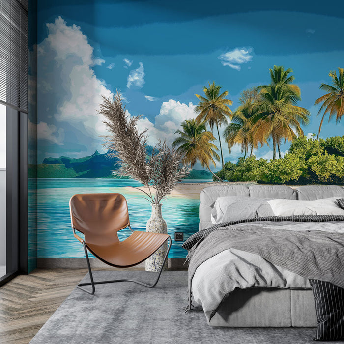 Ταπετσαρία τοιχογραφίας τροπικό τοπίο | Κρυστάλλινη παραλία και πλούσιοι φοίνικες